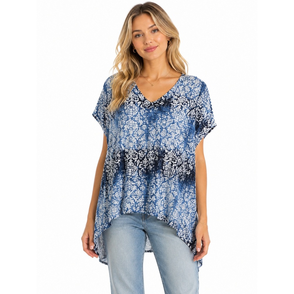 Noelle L/XLWomens Boxy Damask Floral V-Neck Short‎ Sleeve Top Boho Casual
